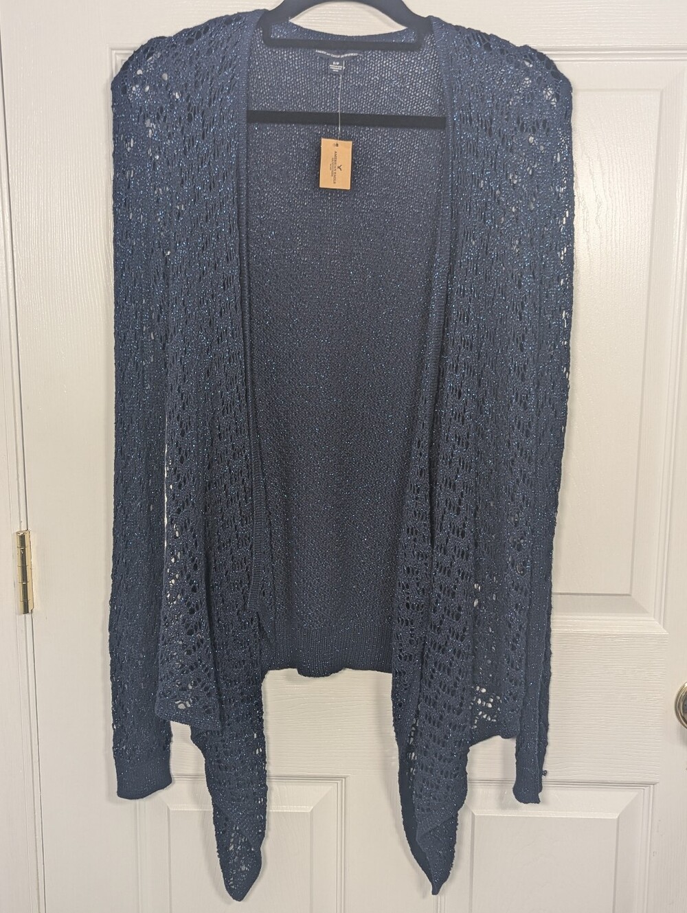 American Eagle NWT Navy Blue Shimmer Open Knit Waterfall Cardigan Sweater S